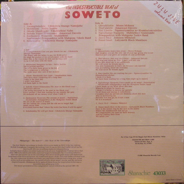 Various – The Indestructible Beat Of Soweto Zulu Jive 2 - VG LP Record 1985 Shanachie USA Original Vinyl - African - Shuga Records