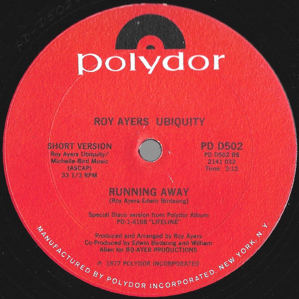 Roy Ayers Ubiquity ‎- Running Away - VG 12" Single Record 1979 Polydor USA Vinyl - Funk / Disco / Jazz-Funk - Shuga Records