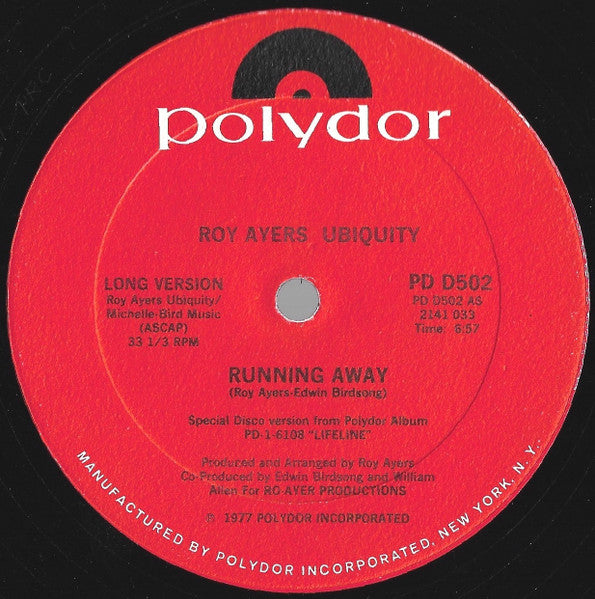 Roy Ayers Ubiquity ‎- Running Away - VG 12" Single Record 1979 Polydor USA Vinyl - Funk / Disco / Jazz-Funk - Shuga Records