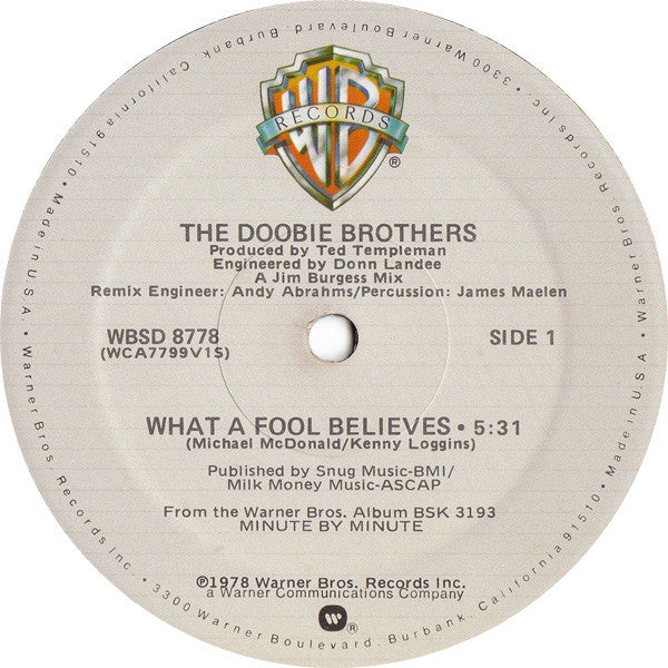 The Doobie Brothers - What A Fool Believes - VG 12" Single Record Warner USA Vinyl - Disco / Pop Rock - Shuga Records