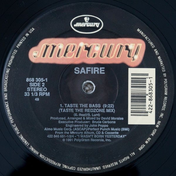 Safire - Taste The Bass - Mint- 12" Single Record 1991 Mercury USA Vinyl - House / Garage House
