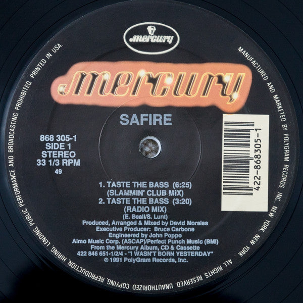 Safire - Taste The Bass - Mint- 12" Single Record 1991 Mercury USA Vinyl - House / Garage House