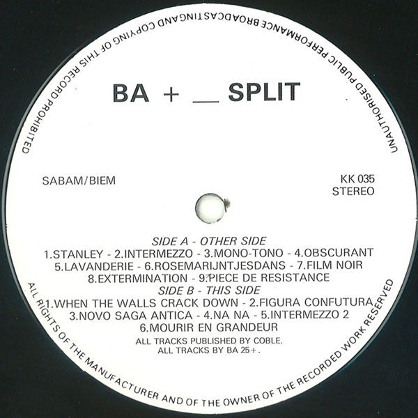 BA 25+- - _Split - Mint- LP Record 1989 KK Belgium Vinyl, Numbered & Inserts (COMPLETE) - Electronic / Experimental - Shuga Records