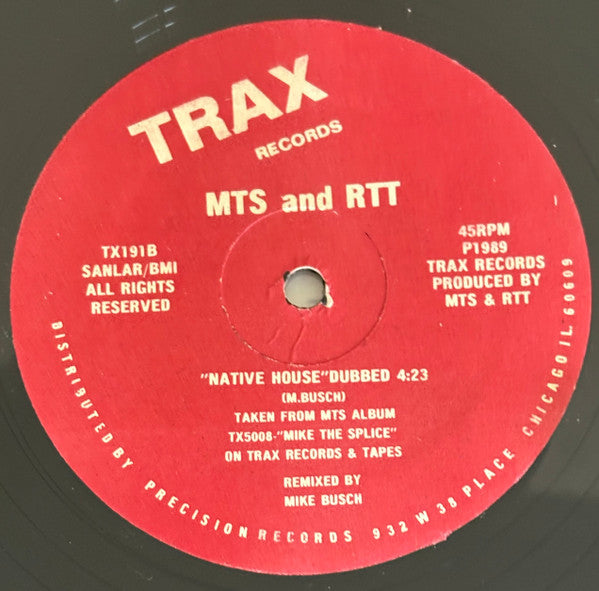 MTS And RTT - Native House - VG+ 12" Single Record 1989 Trax USA Vinyl - Chicago House