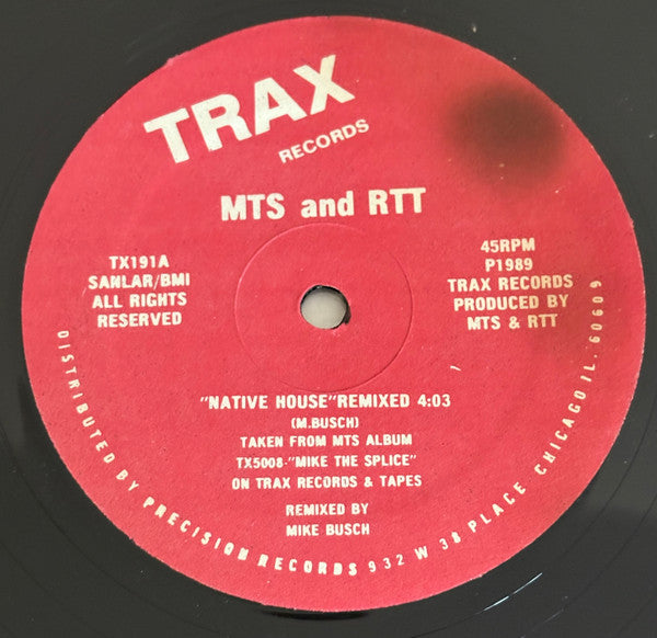 MTS And RTT - Native House - VG+ 12" Single Record 1989 Trax USA Vinyl - Chicago House