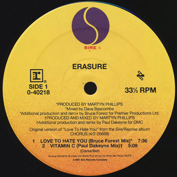 Erasure - Love To Hate You - Mint- 12" Single Record 1991 Sire Reprise USA Promo Vinyl - Synth-pop / Dance-Pop - Shuga Records
