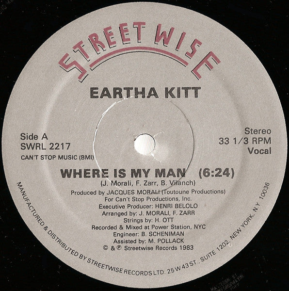 Eartha Kitt - Where Is My Man (Remix) - Mint- (VG+ cover) 12" Single Record 1983 Streetwise USA Vinyl - Disco / Funk - Shuga Records