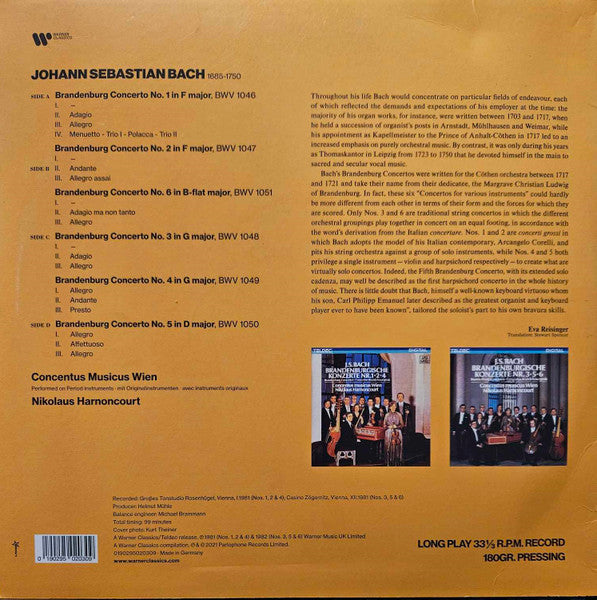 Concentus Musicus Wien / Harnoncourt - Bach - Brandenburg Concertos Nos. 1-6 - Mint- 2 LP Record 2021 Warner Germany Vinyl - Classical - Shuga Records