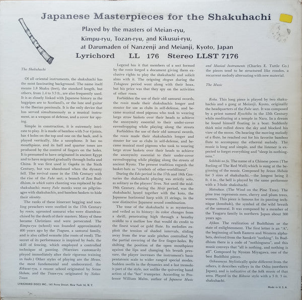 Masters Of Meian-Ryu / Kimpu-Ryu / Tozan-Ryu / Kikusi-Ryu - Japanese Masterpieces For The Shakuhachi - VG+ LP Record 1967 Lyrichord USA Vinyl - World Music / Japan / Folk - Shuga Records