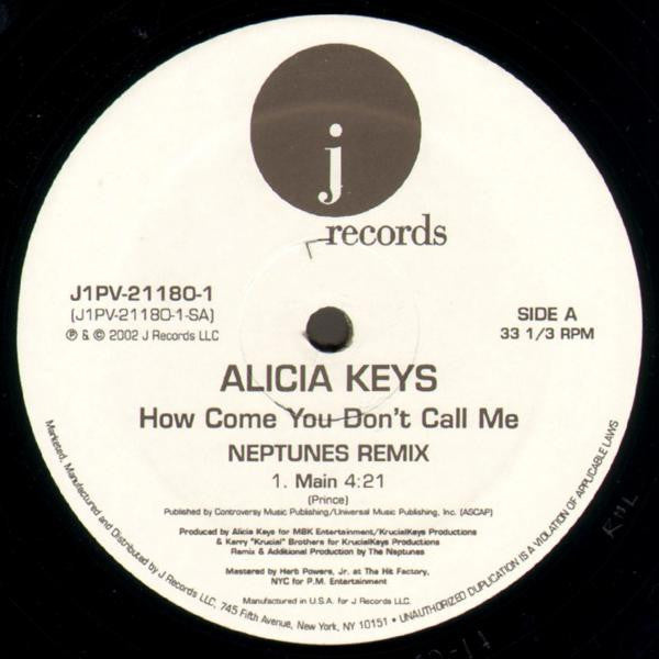 Alicia Keys - How Come You Don't Call Me (Neptunes Remixs) - Mint- 12" Single Record 2002 J USA Vinyl - R&B / Pop Rap / Soul - Shuga Records