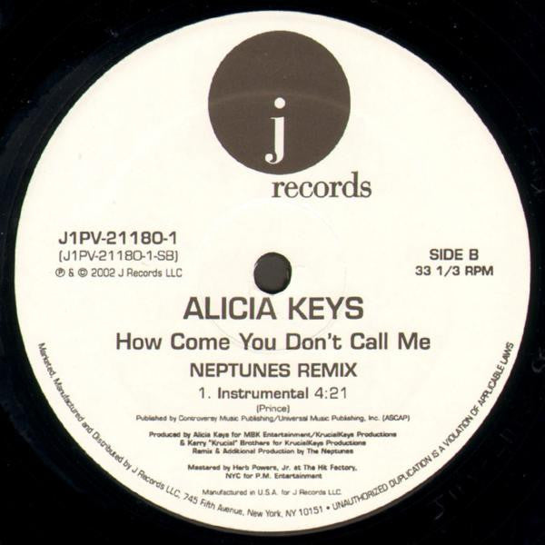 Alicia Keys - How Come You Don't Call Me (Neptunes Remixs) - Mint- 12" Single Record 2002 J USA Vinyl - R&B / Pop Rap / Soul - Shuga Records