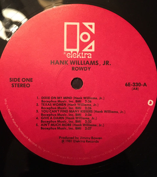 Hank Williams, Jr. - Rowdy - VG+ LP Record 1981 Elektra USA Vinyl - Country / Country Rock - Shuga Records