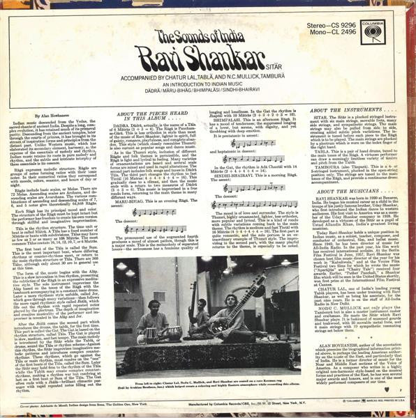 Ravi Shankar - The Sounds Of India (1958) - VG+ LP Record 1968 Columbia USA Vinyl - Indian Classical / Hindustani - Shuga Records