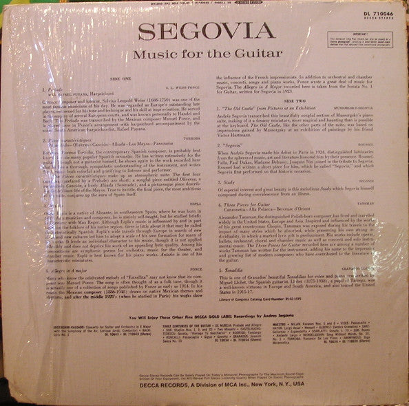 Andrés Segovia - Music For The Guitar (1960) - Mint- LP Record 1967 Decca USA Vinyl - Latin / Classical / Flamenco - Shuga Records