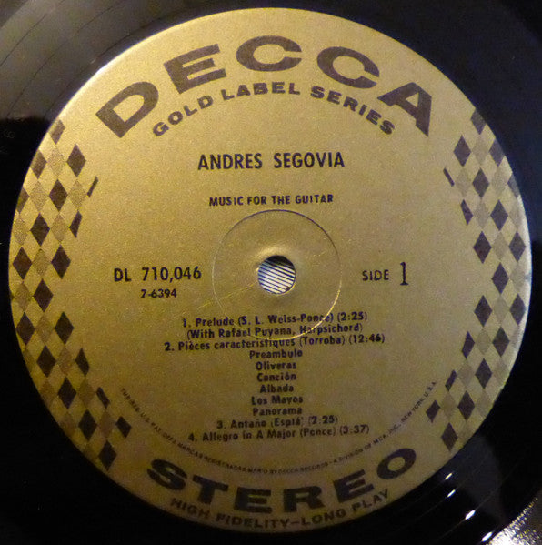 Andrés Segovia - Music For The Guitar (1960) - Mint- LP Record 1967 Decca USA Vinyl - Latin / Classical / Flamenco - Shuga Records
