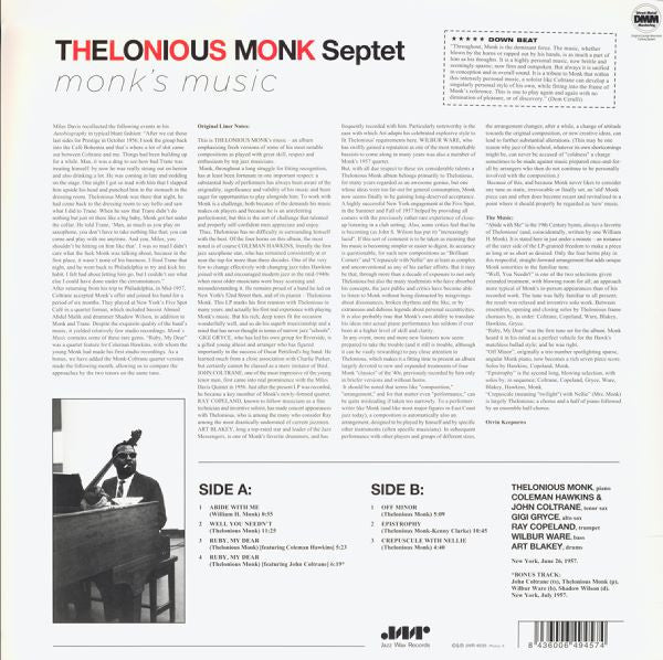 Thelonious Monk Septet - Monk's Music (1957) - Mint- LP Record 2009 Jazz Wax 180 gram Vinyl - Jazz / Hard Bop
