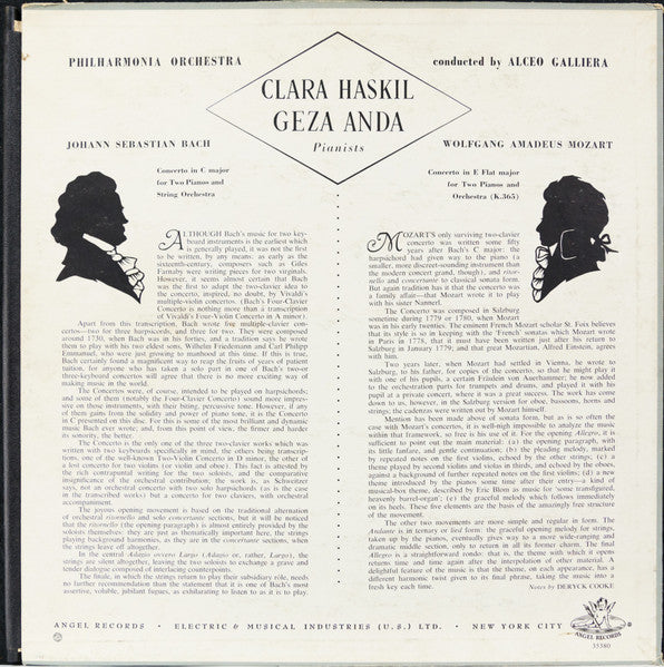 Clara Haskil, Géza Anda, Alceo Galliera – Bach, Mozart : Concertos For Two Pianos - VG+ LP Record 1957 Angle USA/UK Mono Vinyl - Classical