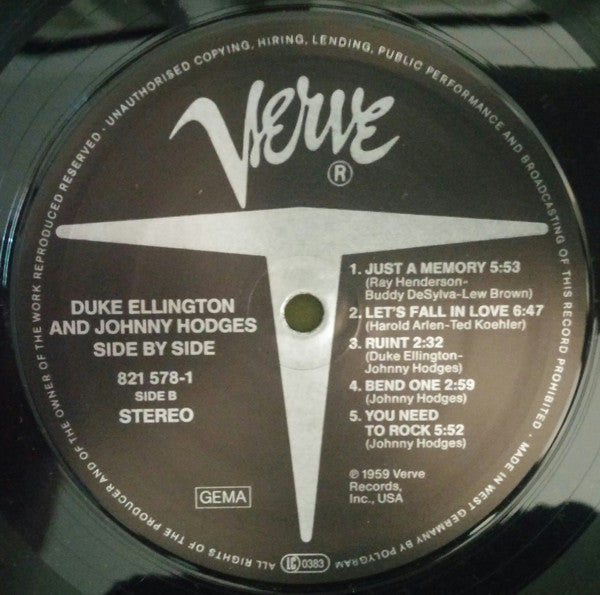 Duke Ellington And Johnny Hodges - Side By Side (1959) - Mint- LP Record 1984 Verve Germany Vinyl - Jazz / Swing - Shuga Records