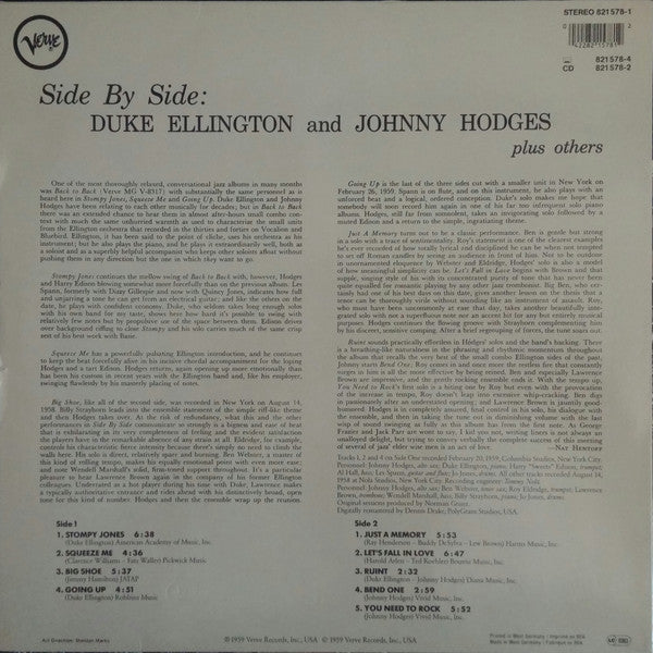 Duke Ellington And Johnny Hodges - Side By Side (1959) - Mint- LP Record 1984 Verve Germany Vinyl - Jazz / Swing - Shuga Records