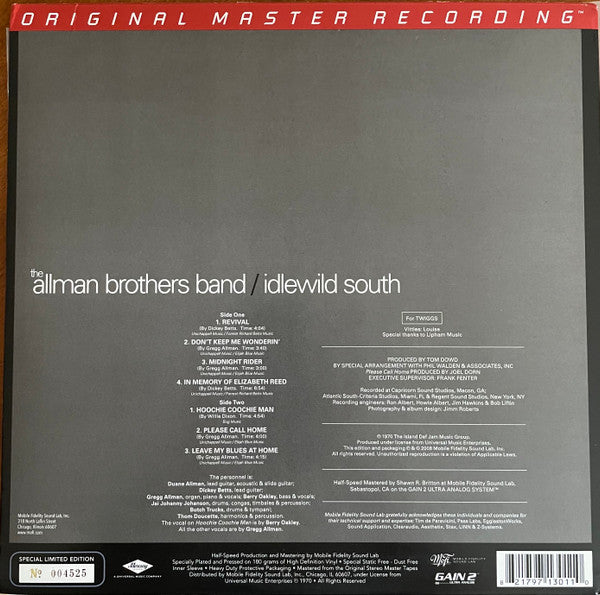 The Allman Brothers Band - Idlewild South (1970) - Mint- 2 LP Record 2009 Mobile Fidelity Sound Lab MFSL 180 gram Original Master Recording Analog 180 gram Vinyl - Rock & Roll / Blues Rock / Folk Rock - Shuga Records