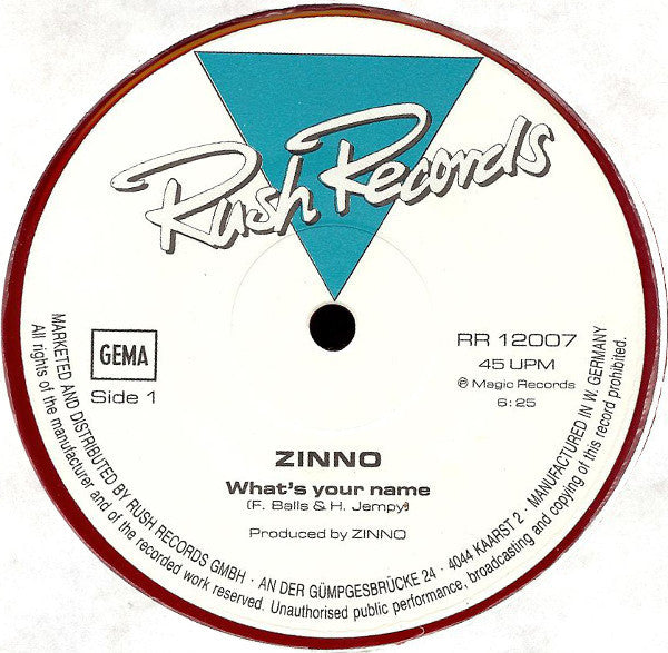 Zinno - What's Your Name (007 James Bond Theme From Dr. No) - VG+ 12" Single Record 1985 Rush Germany Red Vinyl - Synth-pop / Disco - Shuga Records
