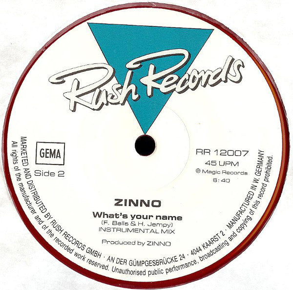 Zinno - What's Your Name (007 James Bond Theme From Dr. No) - VG+ 12" Single Record 1985 Rush Germany Red Vinyl - Synth-pop / Disco - Shuga Records