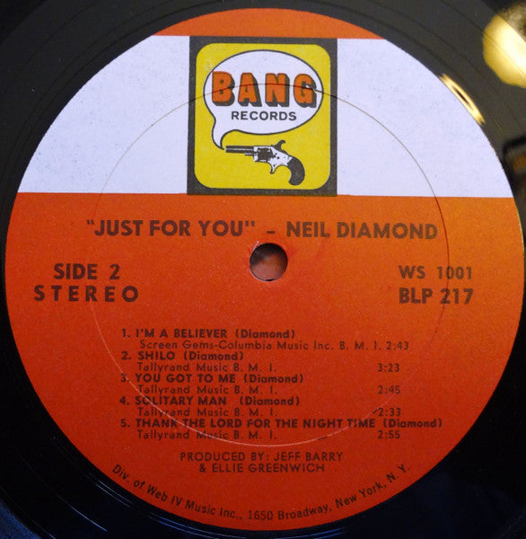 Neil Diamond - Just For You - VG+ LP Record 1967 Bang USA Stereo Original Press Vinyl - Pop Rock - Shuga Records