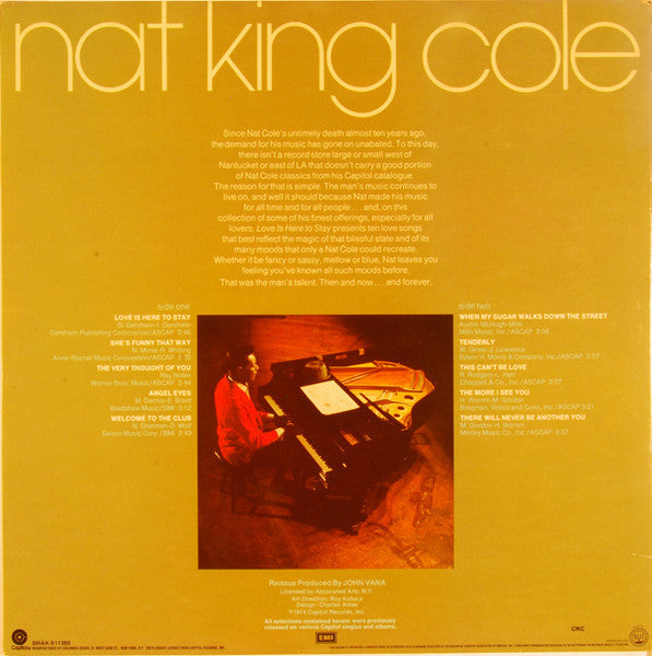 Nat King Cole - Love Is Here To Stay - VG+ LP Record 1974 Capitol USA Vinyl - Jazz / Vocal - Shuga Records