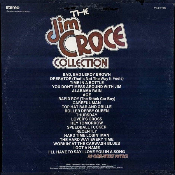 Jim Croce - The Jim Croce Collection (20 Original Hits) - Mint- LP Record 1977 AHED Canada Vinyl - Soft Rock / Pop Rock - Shuga Records