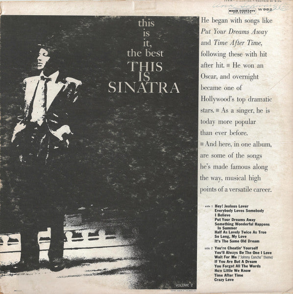 Frank Sinatra - This Is Sinatra Volume Two - VG LP Record 1958 Capitol USA Mono Original Vinyl - Jazz / Vocal / Swing - Shuga Records
