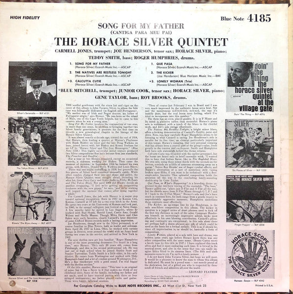 The Horace Silver Quintet - Song For My Father = Cantiga Para Meu Pai - VG- (low grade) LP Record 1970 Blue Note USA Mono Original Vinyl - Jazz / Hard Bop / Latin Jazz - Shuga Records