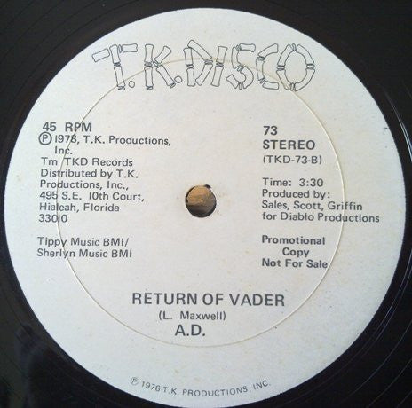 A.D. - Return Of Vader - VG+ 12" Single Record 1978 T.K. Disco USA Promo Vinyl - Disco / Funk - Shuga Records
