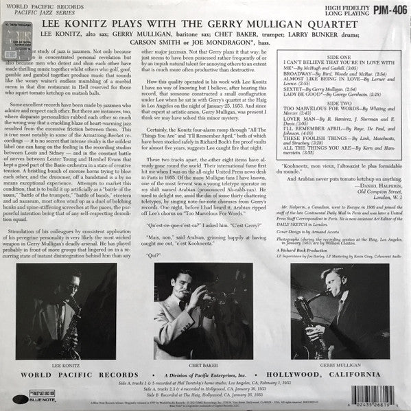 Lee Konitz Plays With The Gerry Mulligan Quartet - Lee Konitz Plays With The Gerry Mulligan Quartet  (1957) - New LP Record 2021 Blue Note Tone Poet 180 gram Vinyl - Jazz / Bop / Cool Jazz - Shuga Records