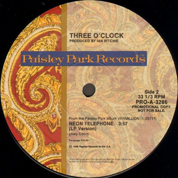 Three O'Clock - Neon Telephone - VG+ 12" Single Record 1986 Paisley Park USA Promo Vinyl - Pop Rock - Shuga Records