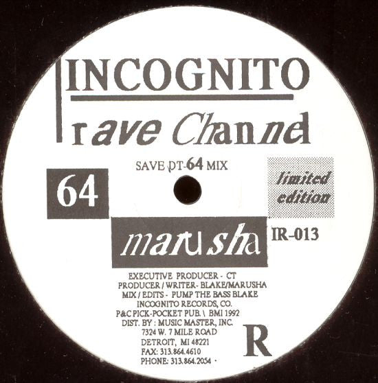Marusha Rave Channel - VG+ 12" Single Record 1992 Incognito USA Vinyl - Detroit Techno - Shuga Records