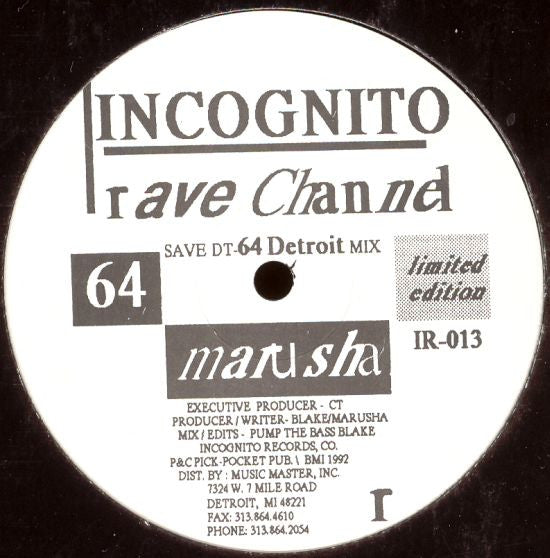 Marusha Rave Channel - VG+ 12" Single Record 1992 Incognito USA Vinyl - Detroit Techno - Shuga Records