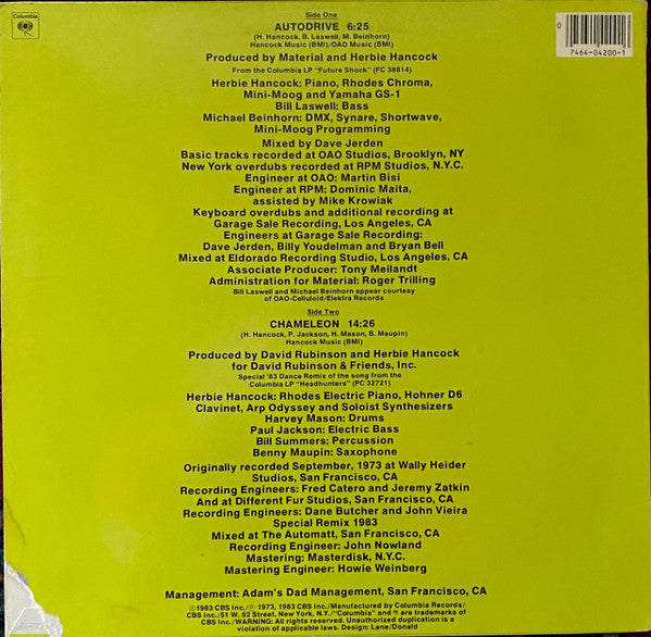 Herbie Hancock - Autodrive - VG+ 12" Single Record 1983 Columbia USA Promo Vinyl - Jazz-Funk / Electro - Shuga Records