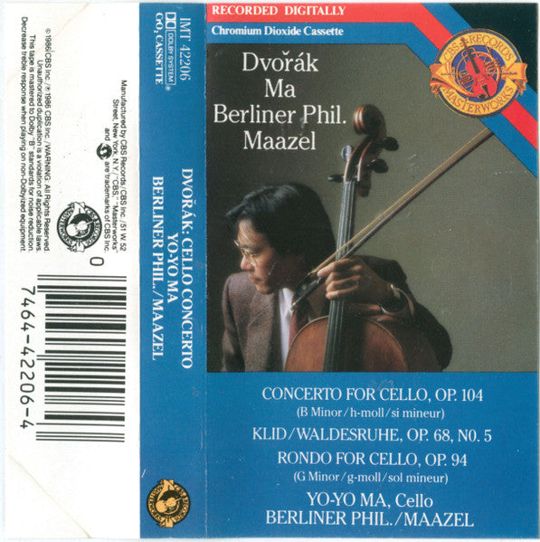 Yo-Yo Ma, Lorin Maazel – Dvořák : Cello Concerto, Op.104 / Rondo, Op.94 / Klid/Waldesruhe, Op.68 No. 5 - Mint- Cassette 1986 CBS Masterworks USA Tape - Classical - Shuga Records