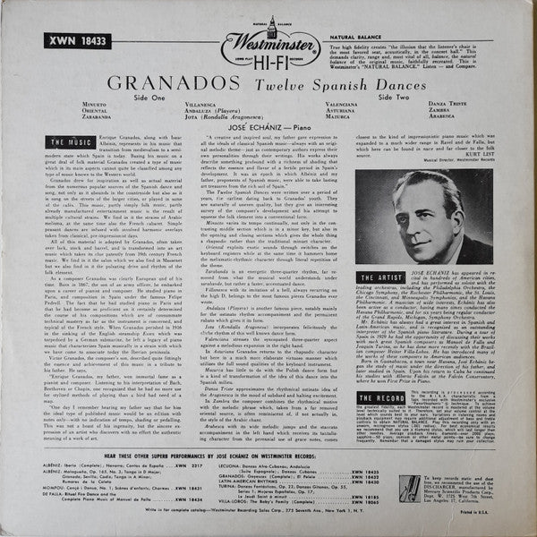 Enrique Granados / José Echániz - 12 Spanish Dances - VG+ LP Record 1956 Westminster USA Vinyl - Latin - Shuga Records