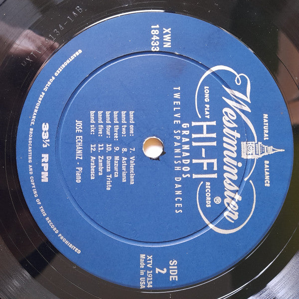 Enrique Granados / José Echániz - 12 Spanish Dances - VG+ LP Record 1956 Westminster USA Vinyl - Latin - Shuga Records