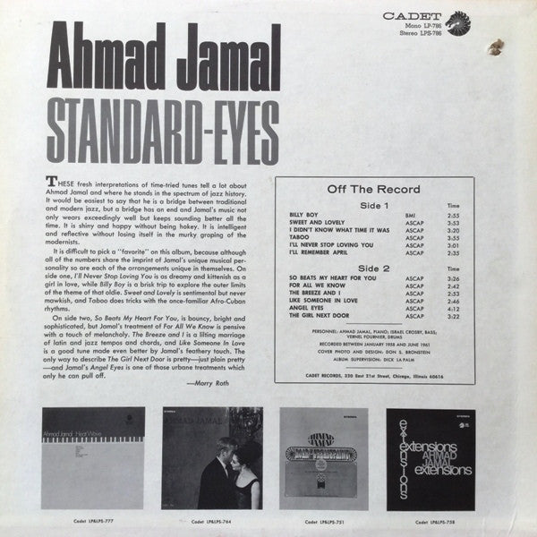 Ahmad Jamal - Standard-Eyes - VG+ LP Record 1967 Cadet USA Mono Original Vinyl - Jazz / Soul-Jazz - Shuga Records