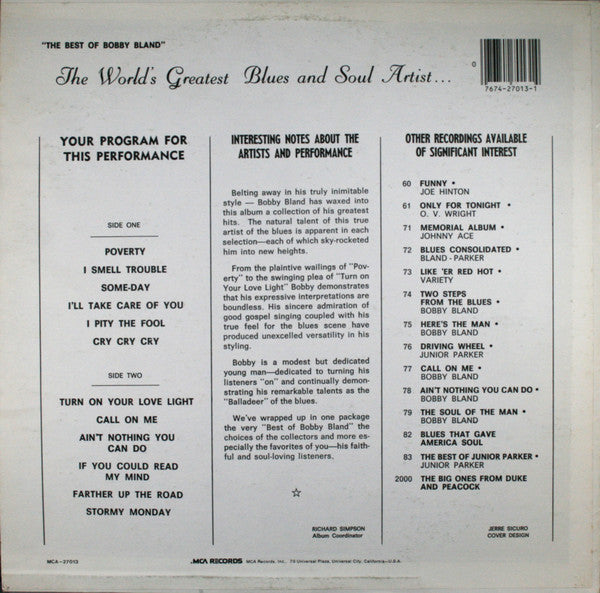 Bobby Bland - The Best Of Bobby Bland (1967) - Mint- LP Record 1980 MCA USA Vinyl - Soul / Rhythm & Blues - Shuga Records