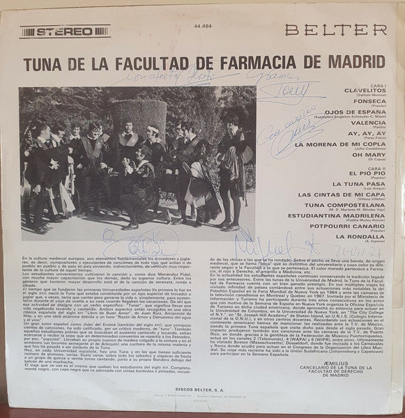 Tuna De La Facultad De Farmacia De Madrid - Tuna De La Facultad De Farmacia De Madrid - VG+ LP Record 1974 Belter Spain Vinyl - Latin / World - Shuga Records