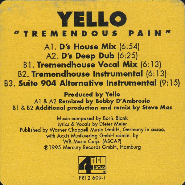 Yello - Tremendous Pain - Mint- 12" Single Record 1995 USA 4th & Broadway Promo Yellow Transparent Vinyl & Insert - Synth-pop / Electro - Shuga Records