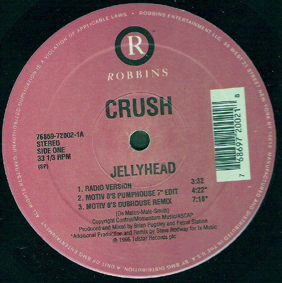 Crush - Jellyhead - VG+ 12" Single Record 1996 Robbins USA Vinyl - House / Euro House - Shuga Records