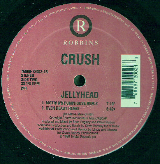 Crush - Jellyhead - VG+ 12" Single Record 1996 Robbins USA Vinyl - House / Euro House - Shuga Records