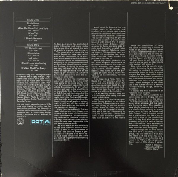 Bugsy - Inside Bugsy - VG+ LP Record 1969 DOT USA Vinyl - Soul / Funk / Pop - Shuga Records
