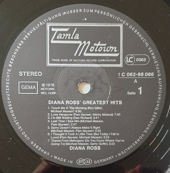 Diana Ross - Diana Ross' Greatest Hits - VG+ (VG cover) LP Record 1976 Tamla Motown Germany Vinyl - Soul / Disco - Shuga Records