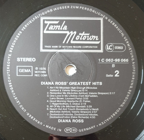 Diana Ross - Diana Ross' Greatest Hits - VG+ (VG cover) LP Record 1976 Tamla Motown Germany Vinyl - Soul / Disco - Shuga Records