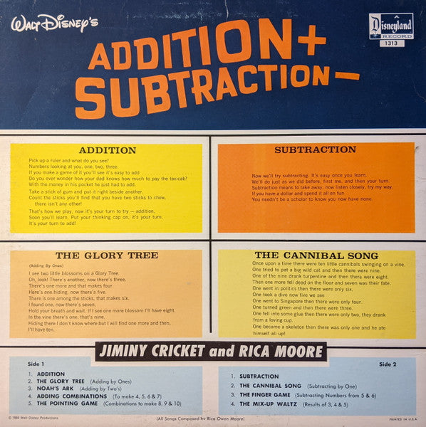 Jiminy Cricket & Rica Moore - Addition And Subtraction - VG+ LP Record 1973 Walt Disney Disneyland USA Vinyl - Children's / Educational - Shuga Records